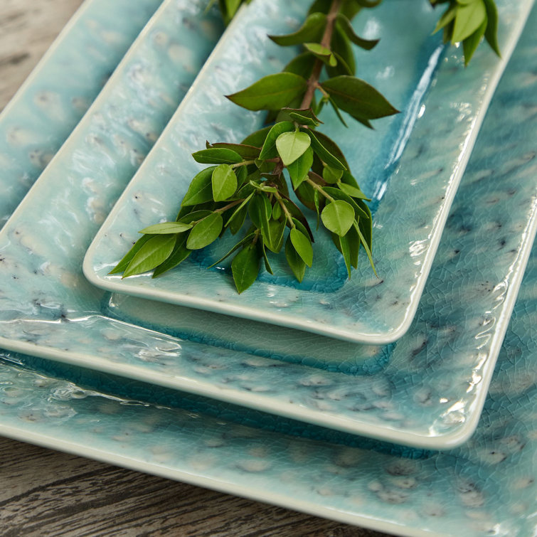Madeira Blue Ceramic Rectangular Tray with Crackled Surface