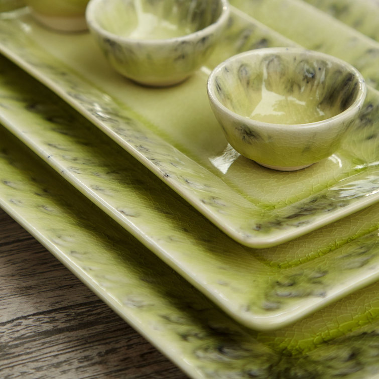 Madeira Blue Ceramic Rectangular Tray with Crackled Surface