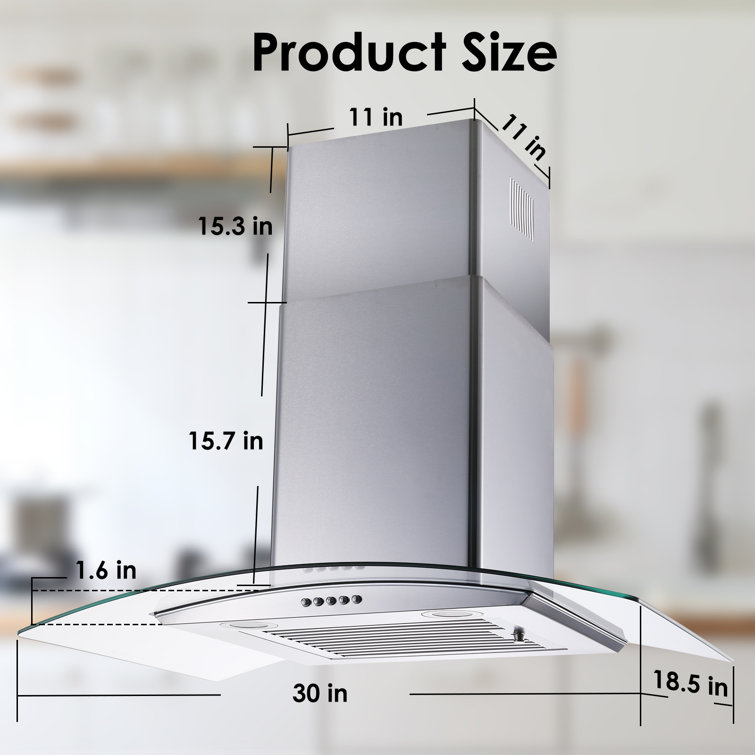 30'' Stainless Steel Convertible Wall Mounted Range Hood with Glass Canopy