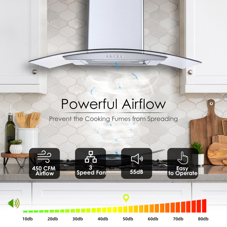 30'' Stainless Steel Convertible Wall Mounted Range Hood with Glass Canopy