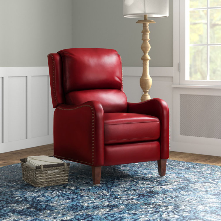 Red Genuine Leather Club Recliner with Wood Legs