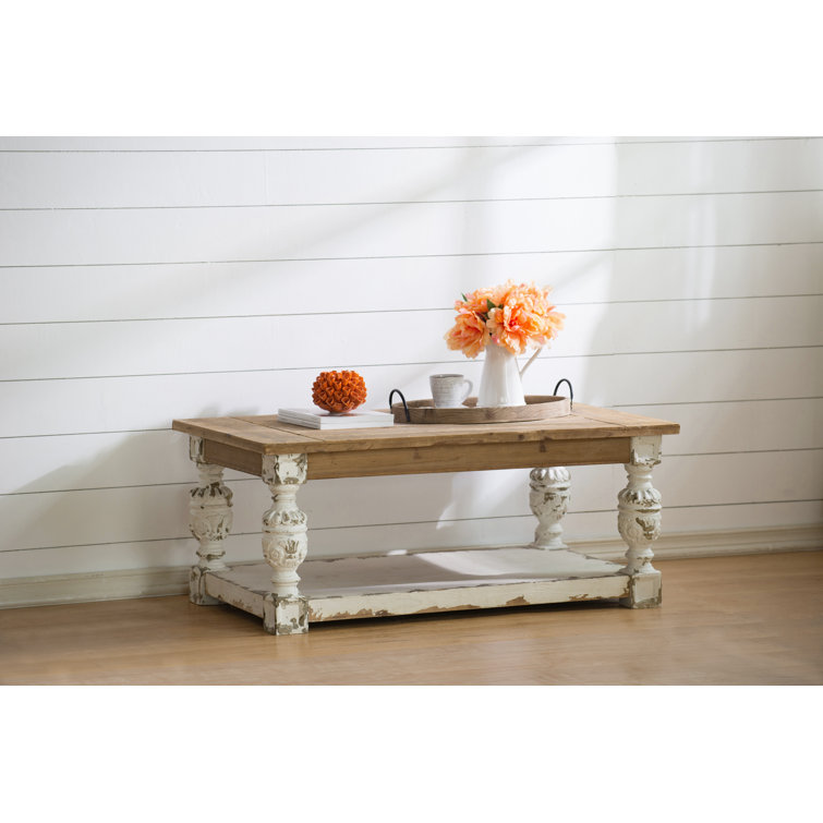 Whitewash Fir Wood Rectangular Coffee Table with Storage and Carved Legs