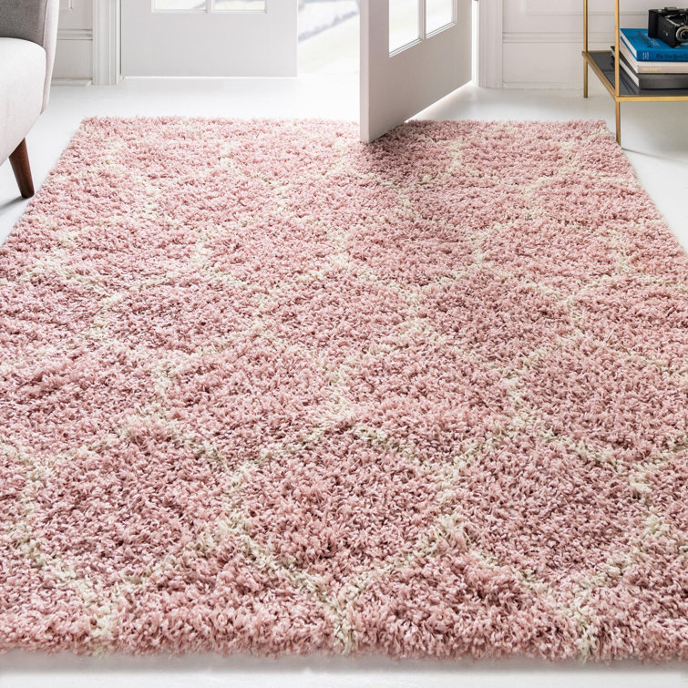 Square Light Pink Trellis Shag Synthetic Rug