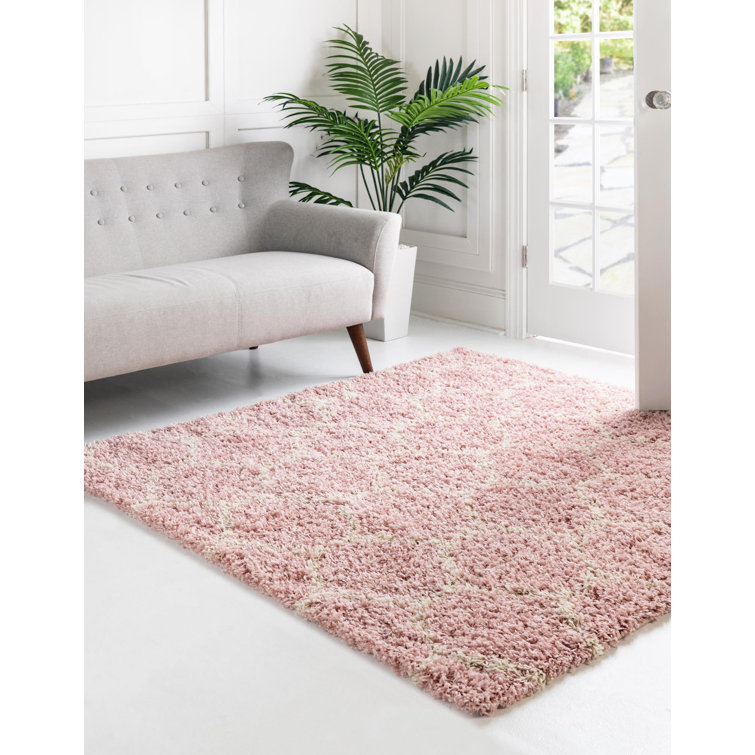Square Light Pink Trellis Shag Synthetic Rug