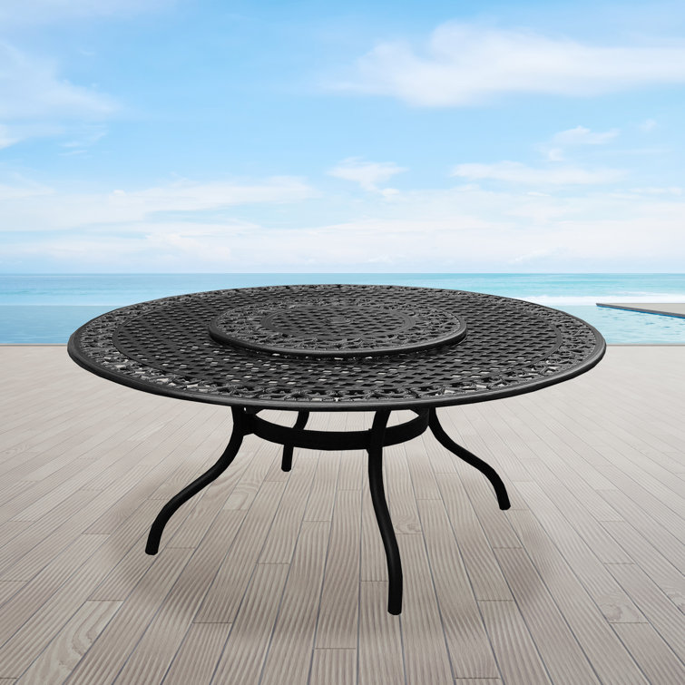 Black Aluminum 59-Inch Round Patio Dining Table with Lazy Susan