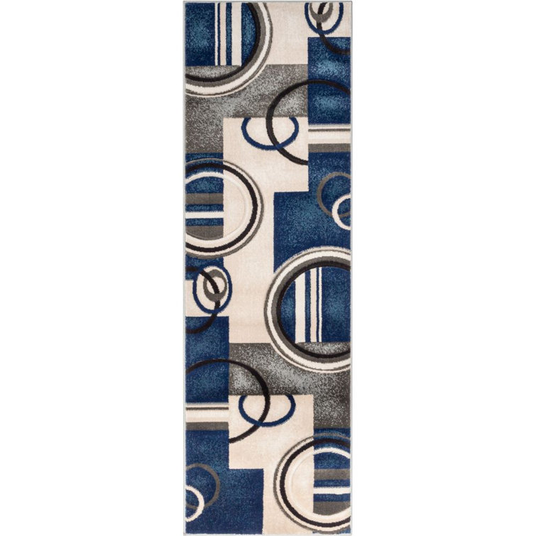 Dark Blue Geometric Synthetic Runner Rug 2'7" x 7'3"
