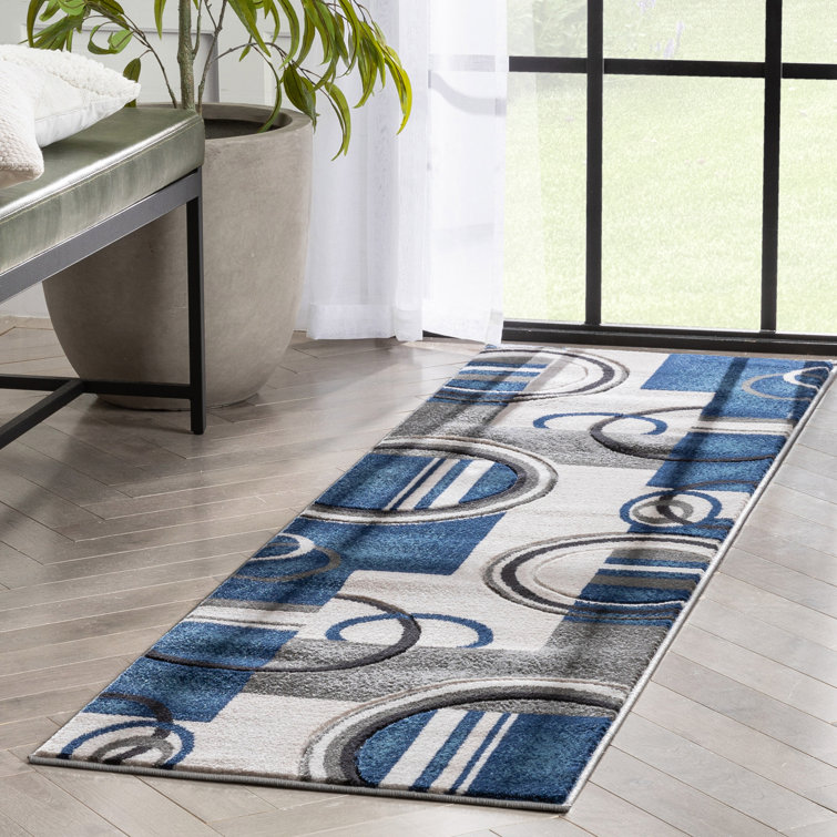 Dark Blue Geometric Synthetic Runner Rug 2'7" x 7'3"