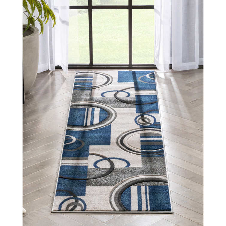 Dark Blue Geometric Synthetic Runner Rug 2'7" x 7'3"