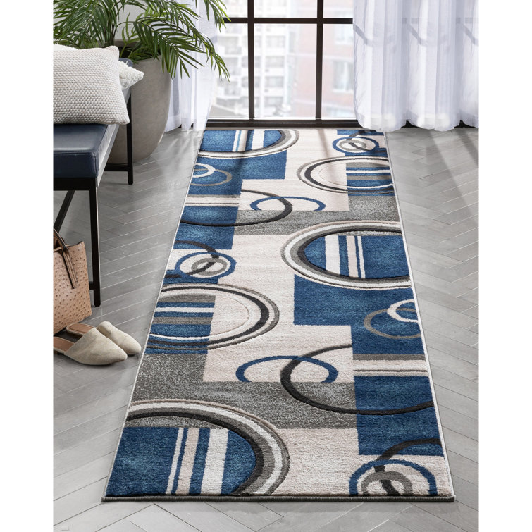 Dark Blue Geometric Synthetic Runner Rug