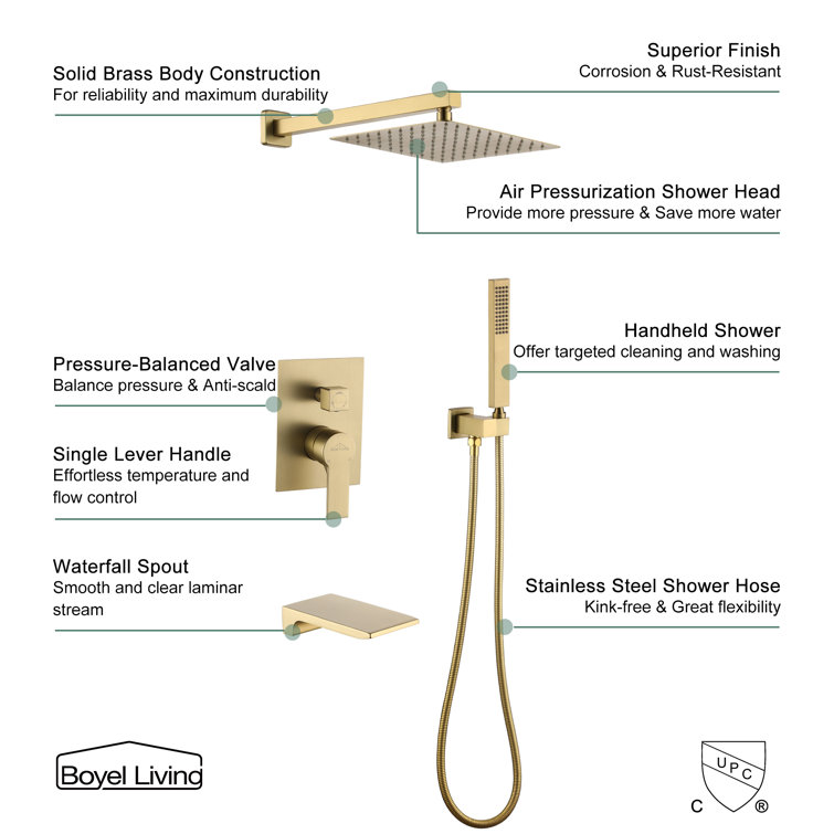 Brushed Gold 10'' Square Wall Mounted Rain Shower System