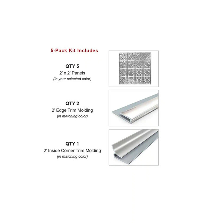 Bright White Satin Metal Tin Backsplash Panels, 24 x 24 inch, Set of 5