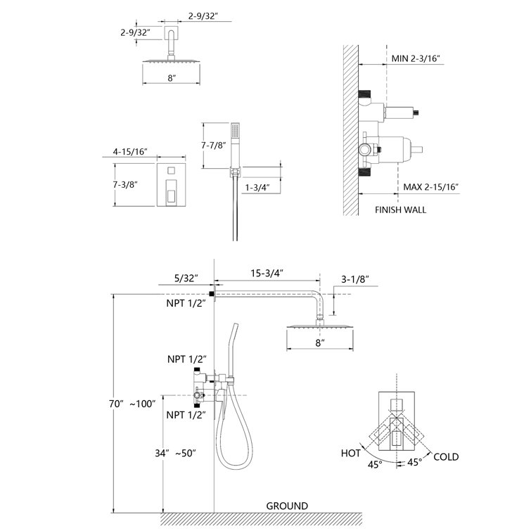 Brushed Nickel Multi-Head Rain Shower System with Handheld