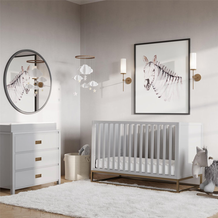 Dove Gray 3-in-1 Convertible Wood Crib with Gold Metal Base