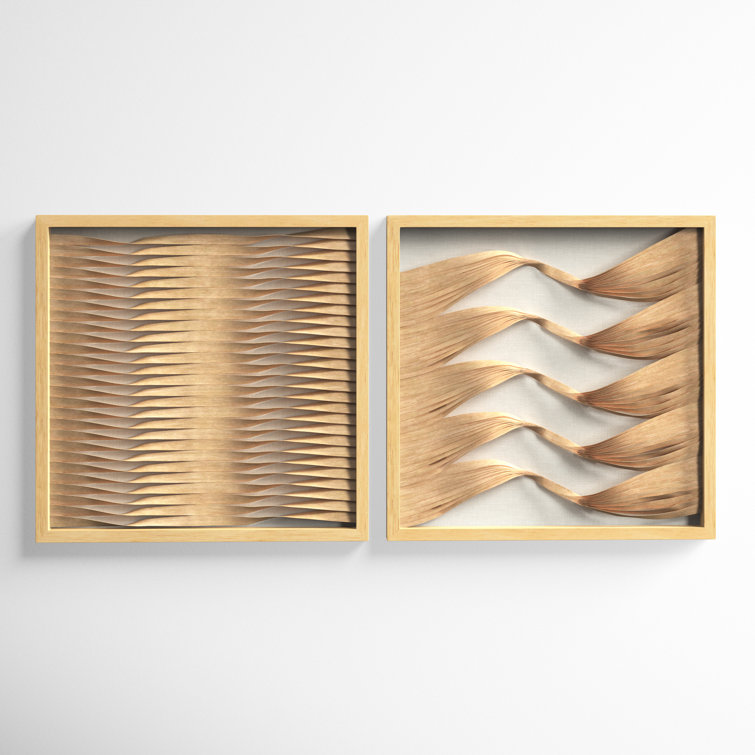 Large Brown Wood and Rattan Shadow Box Wall Art Set