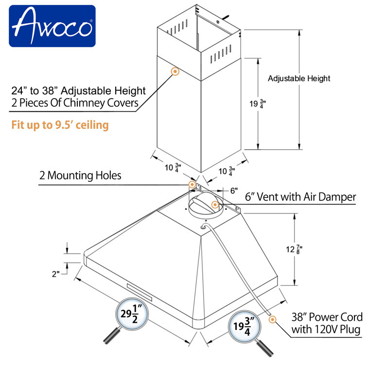 Awoco 30'' Stainless Steel Wall Mount Range Hood with LED Lights