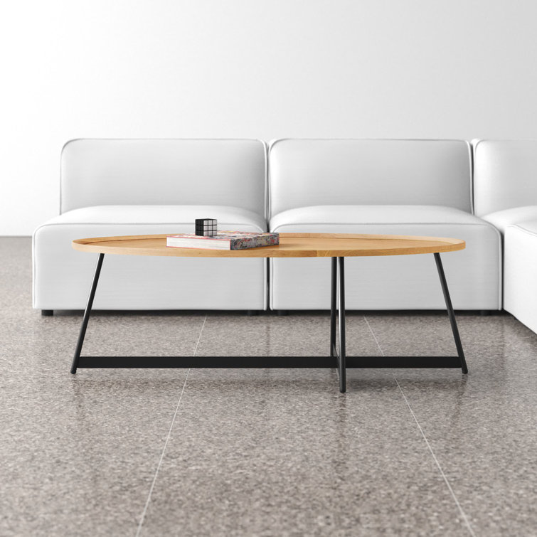 Gweneth Natural Wood Oval Coffee Table with Black Steel Base