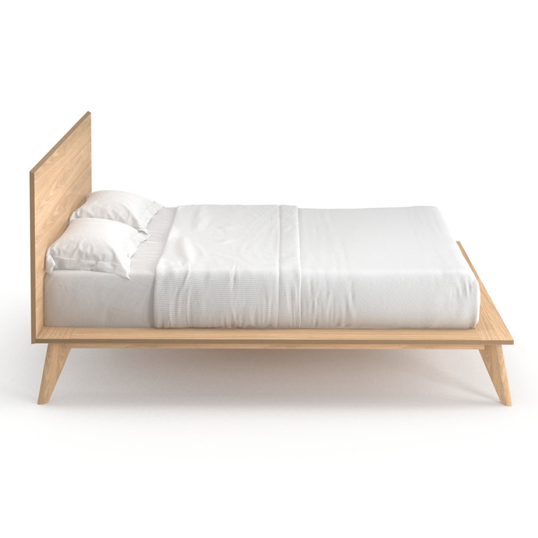 Queen Oak Wood Platform Bed with Headboard and Drawer