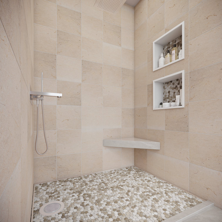 12" x 12" Tan and Off-White Marble Penny Round Mosaic Tile