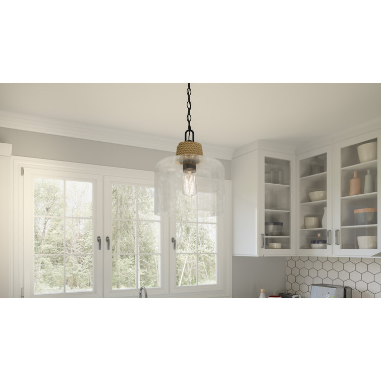 Matte Black Glass Mini Pendant Light with Rope Detail