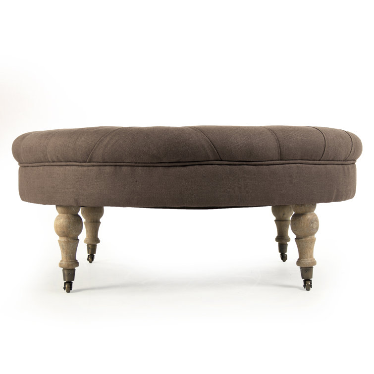Aubergine Linen Tufted Round Ottoman with Casters