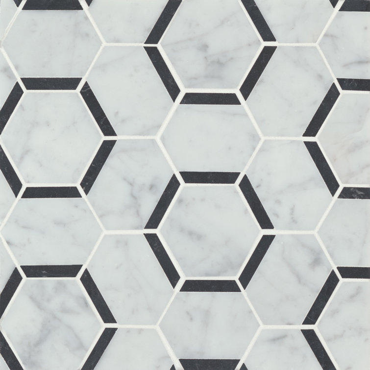 White Carrara and Nero Marquina Hexagon Marble Mosaic Tile