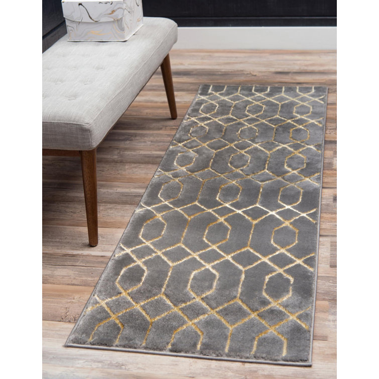 Glam Gray and Gold Trellis Runner Rug