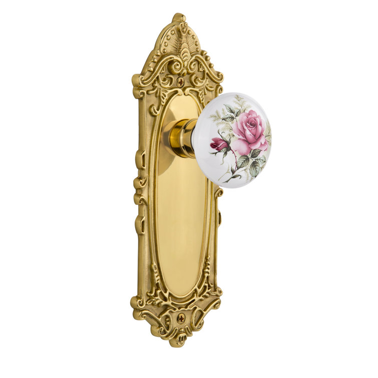 Victorian Polished Brass Plate with White Rose Porcelain Door Knob