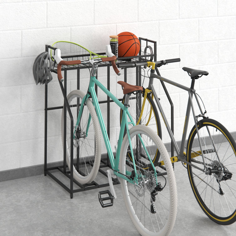 Black Metal Freestanding 3-Bike Storage Rack with Hooks