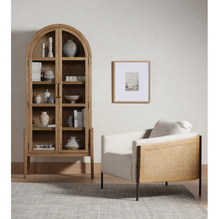 Gable Taupe Barrel Chair with Natural Cane and Gunmetal Finish