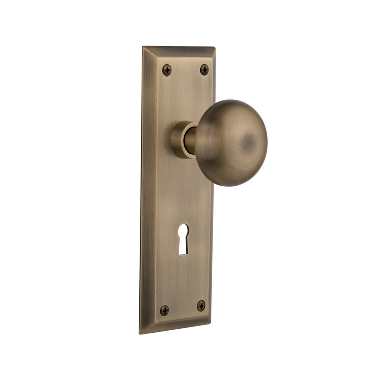 Antique Brass Solid Brass Round Door Knob with Rectangular Plate