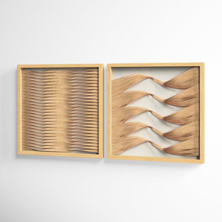 Large Brown Wood and Rattan Shadow Box Wall Art Set