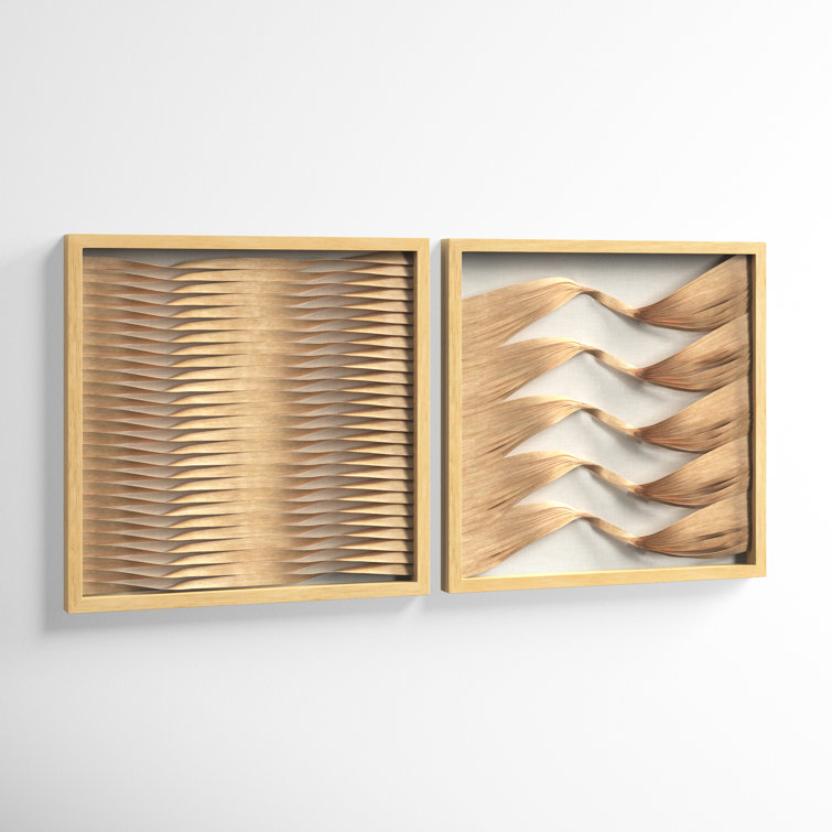 Large Brown Wood and Rattan Shadow Box Wall Art Set