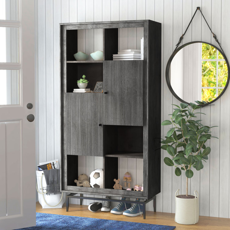 Modern Black Solid Wood Tall Accent Cabinet with Fluted Doors