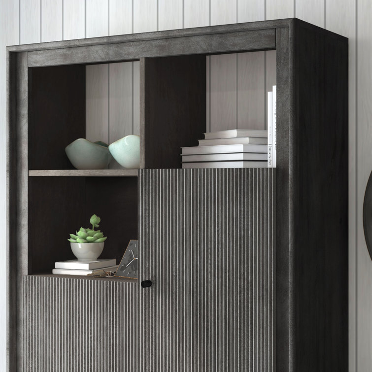 Modern Black Solid Wood Tall Accent Cabinet with Fluted Doors
