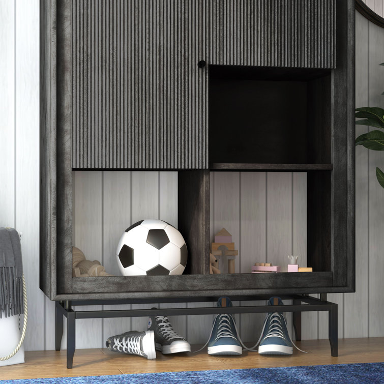 Modern Black Solid Wood Tall Accent Cabinet with Fluted Doors