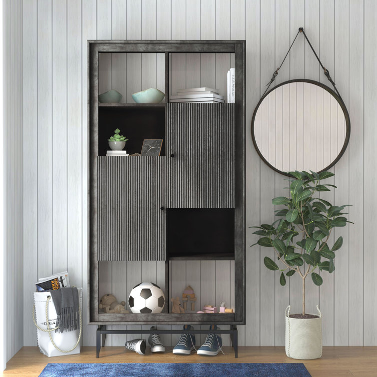 Modern Black Solid Wood Tall Accent Cabinet with Fluted Doors