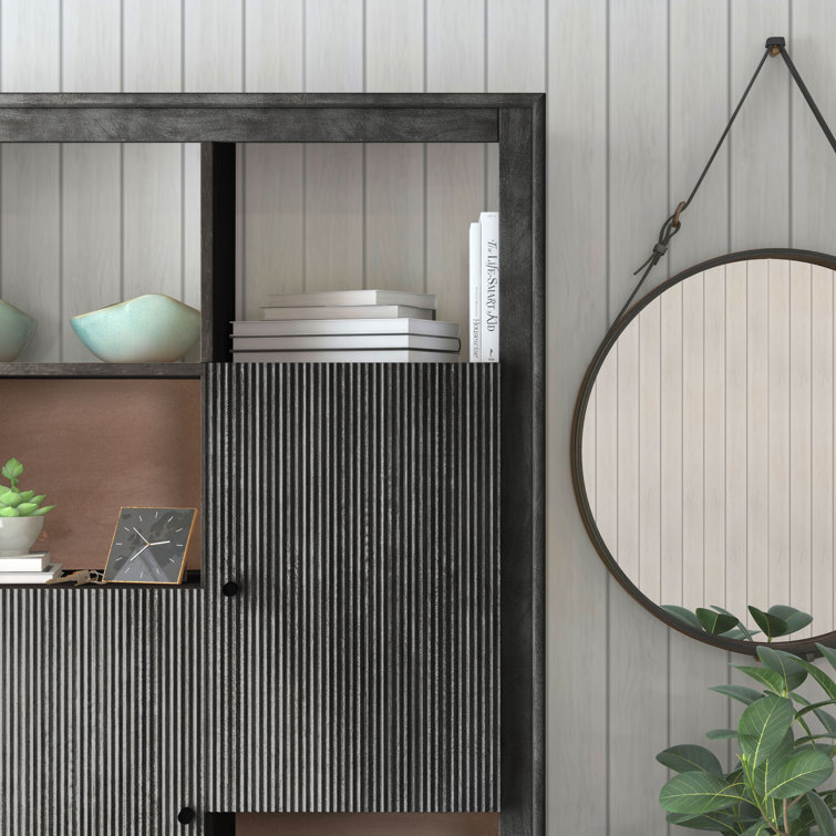 Modern Black Solid Wood Tall Accent Cabinet with Fluted Doors