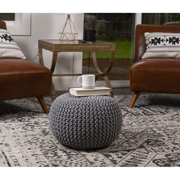 Moroccan Inspired Light Grey Knitted Round Pouf Ottoman