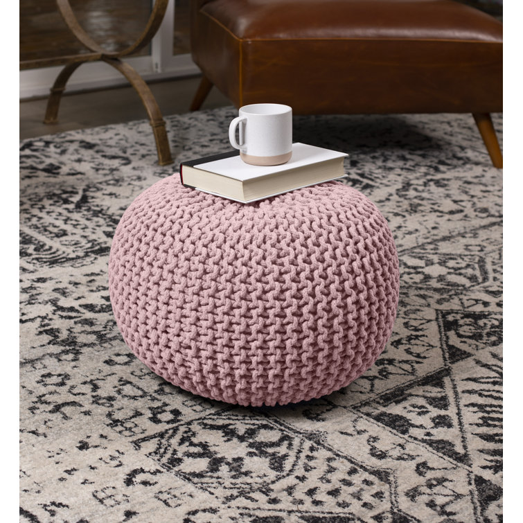 Dusty Rose Cotton Braided Round Pouf Ottoman