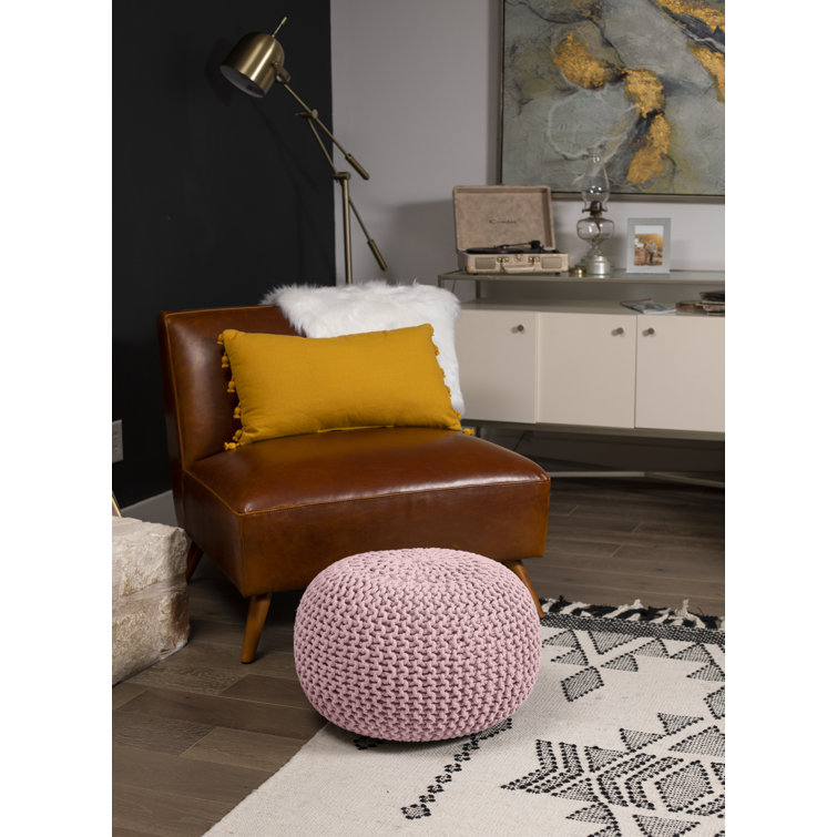 Dusty Rose Cotton Braided Round Pouf Ottoman