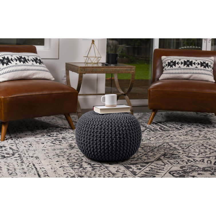 Charcoal Grey Hand-Woven Cotton Round Pouf Ottoman