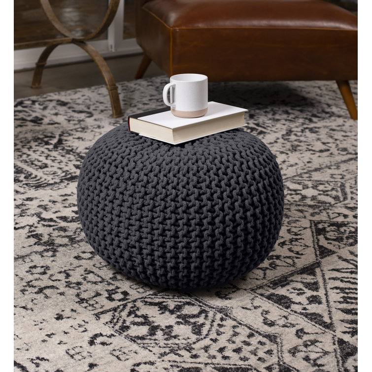 Charcoal Grey Hand-Woven Cotton Round Pouf Ottoman