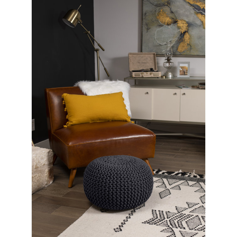 Charcoal Grey Hand-Woven Cotton Round Pouf Ottoman