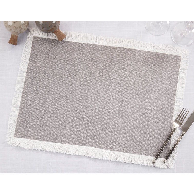 Gray Cotton Rectangle Placemats with Fringe Border, Set of 4