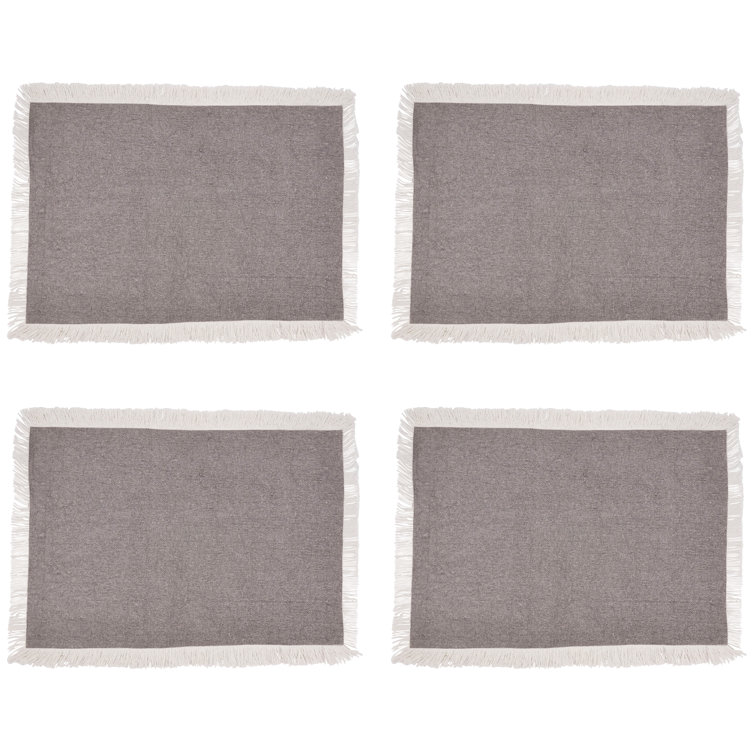 Gray Cotton Rectangle Placemats with Fringe Border, Set of 4