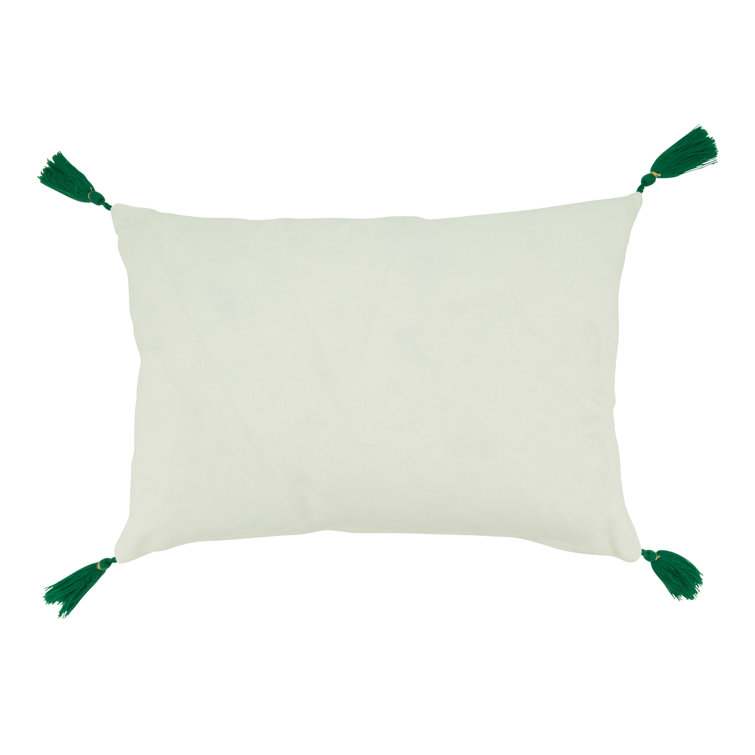 White Cotton Lumbar Pillow with Green Tassels