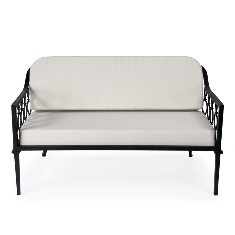 Southport White and Black Iron Upholstered Outdoor Loveseat