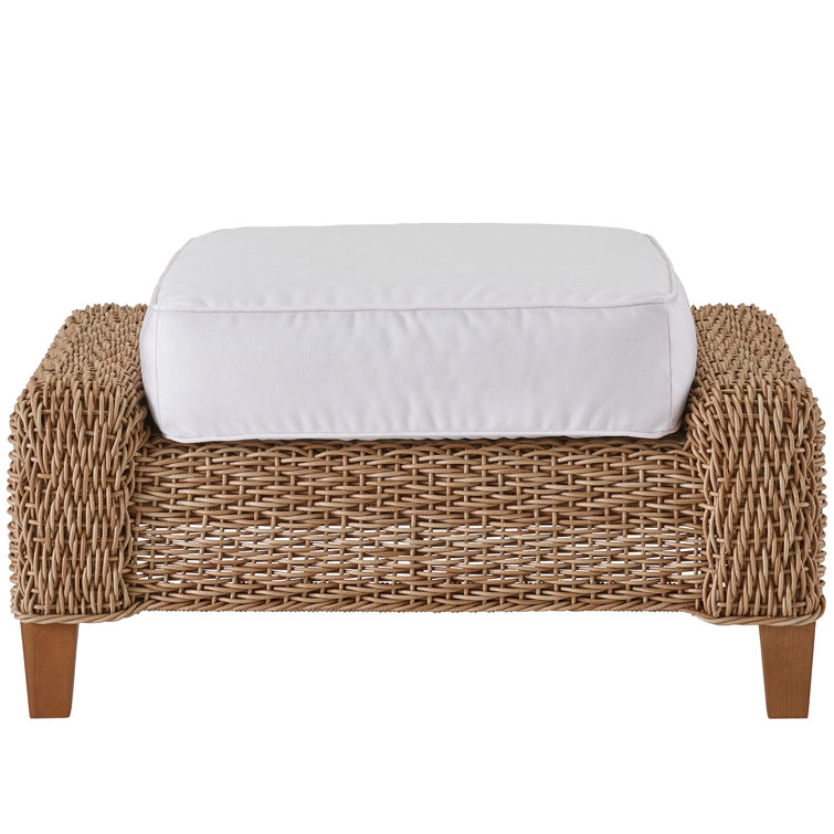 Cream Wicker Outdoor Ottoman with Teak Feet