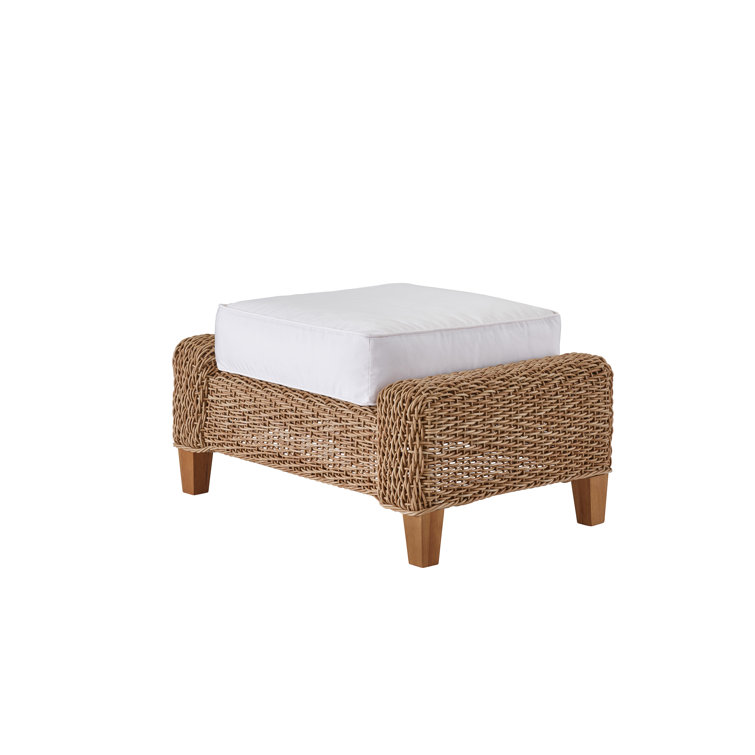 Cream Wicker Outdoor Ottoman with Teak Feet