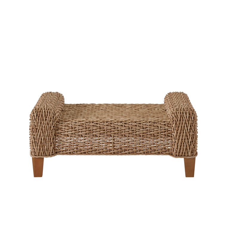 Cream Wicker Outdoor Ottoman with Teak Feet